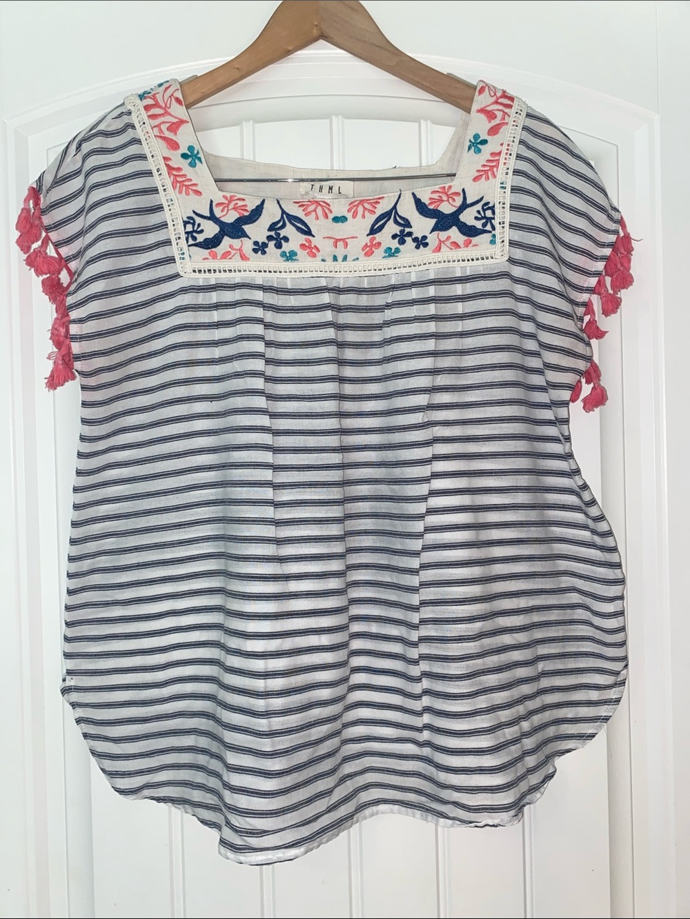 THML Navy & White Striped Square-Neck Top with Pink Tassel Trim size Large